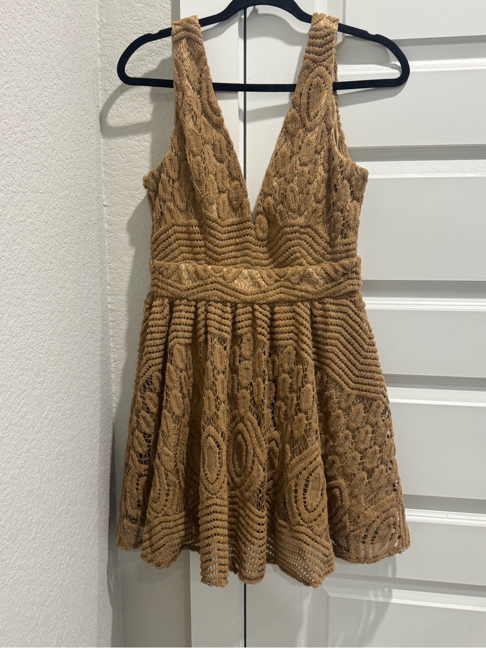 Daisy Camel Lace V-Neck Mini Dress
